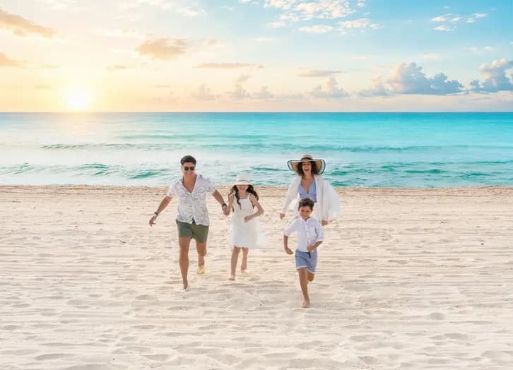 Familia en la playa del Grand Oasis Cancún al atardecer